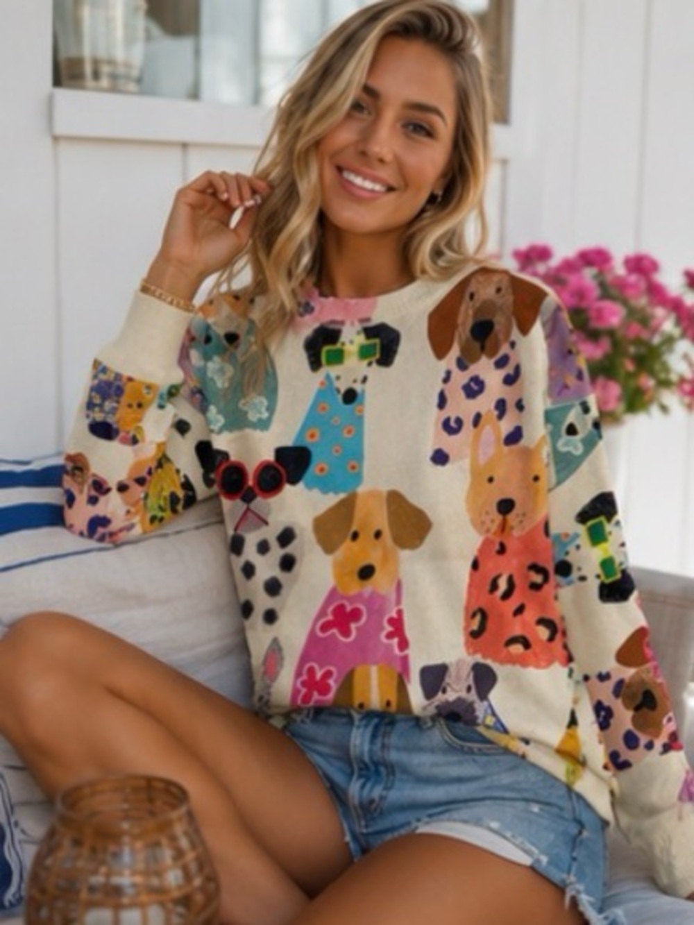 ⭐ Alice + Olivia Style Dog Lover Sweater | Luxury Novelty Knit Pullover | Size S